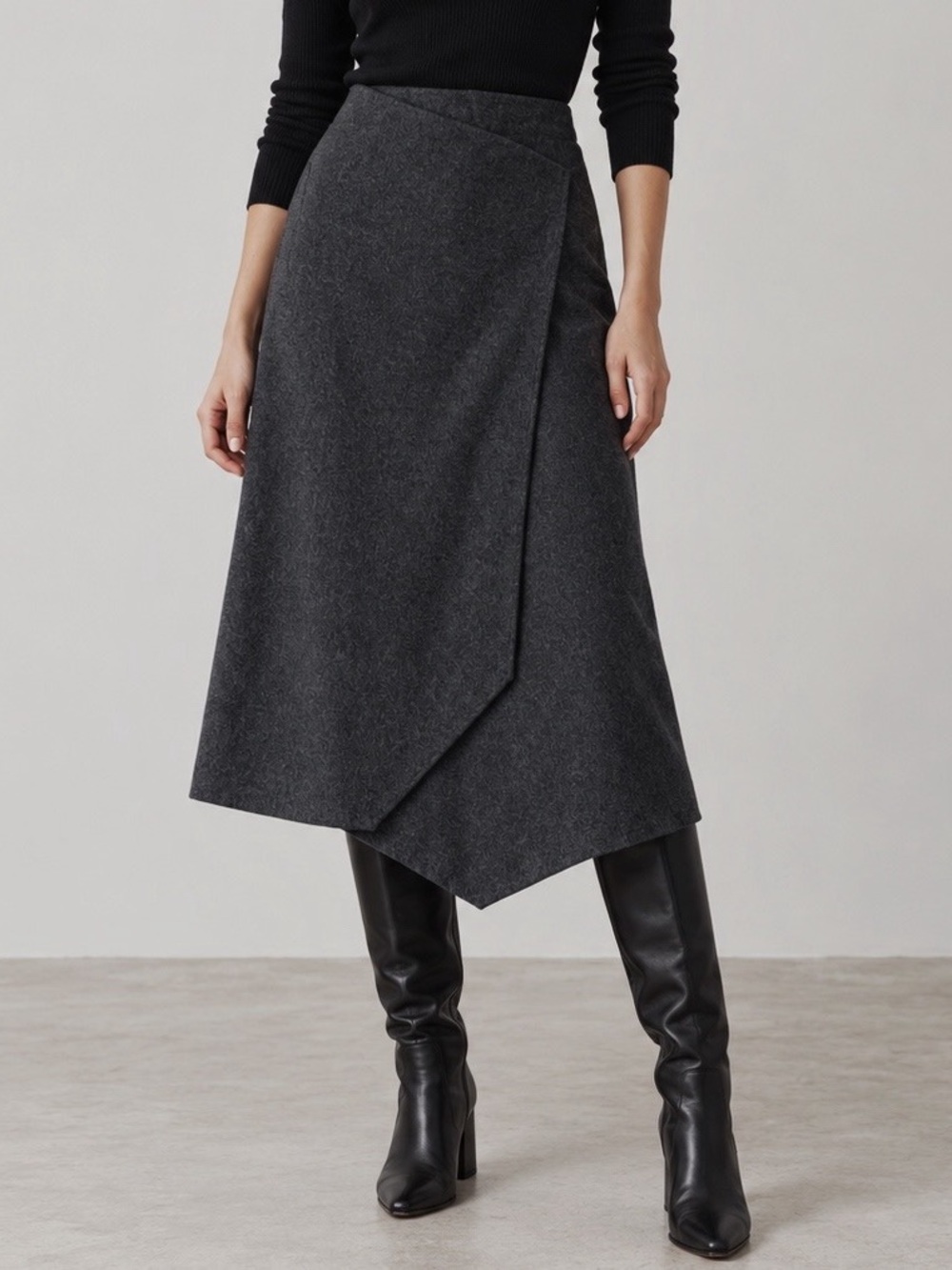 VTG Sisley Woman Gray Wool Wrap Asymmetrical Midi Skirt EU44 Minimal Classic